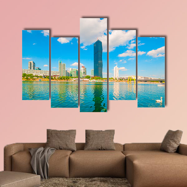 Cityscape with Danube River and skyscraper in Vienna multi panel canvas wall art
