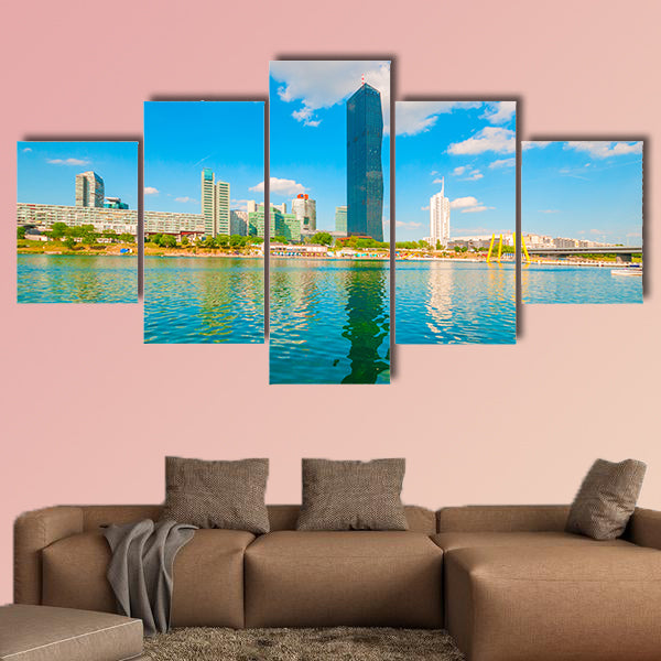 Cityscape with Danube River and skyscraper in Vienna multi panel canvas wall art