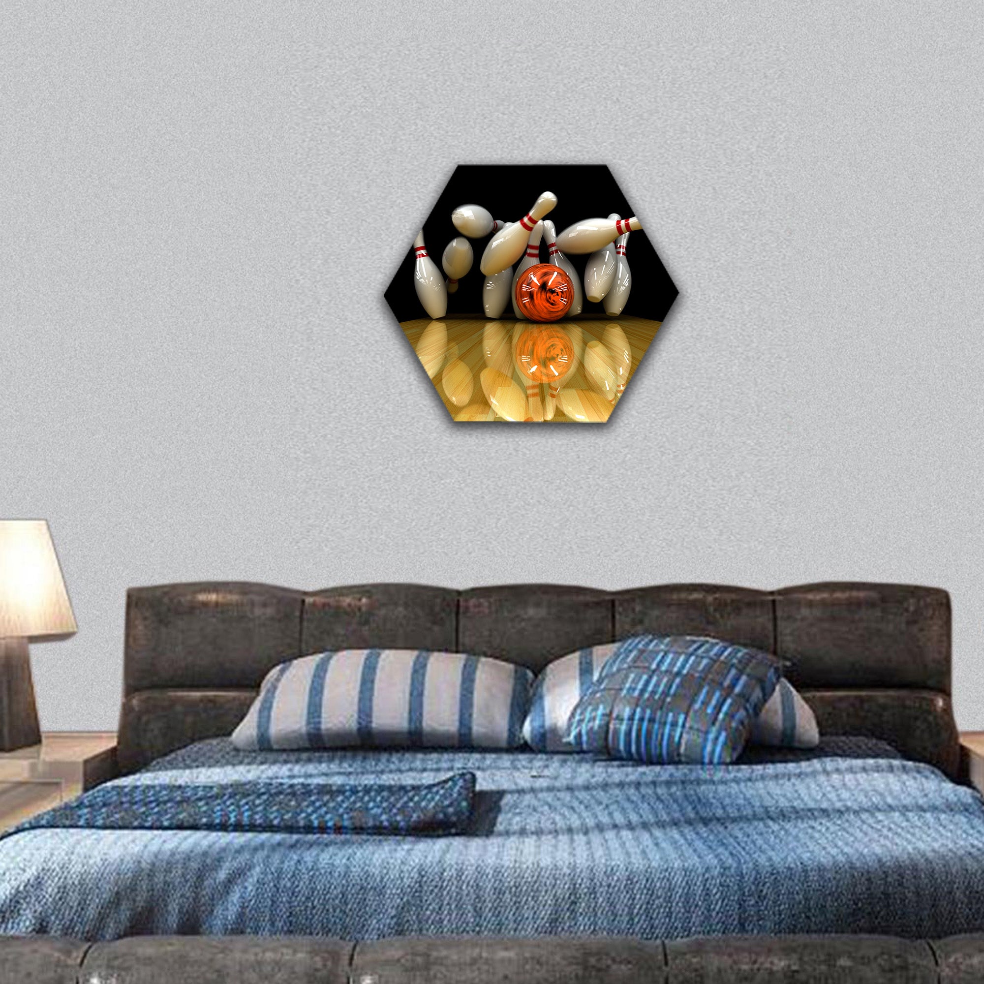 Orange ball bowling with swirling strike hexagonal canvas wall art