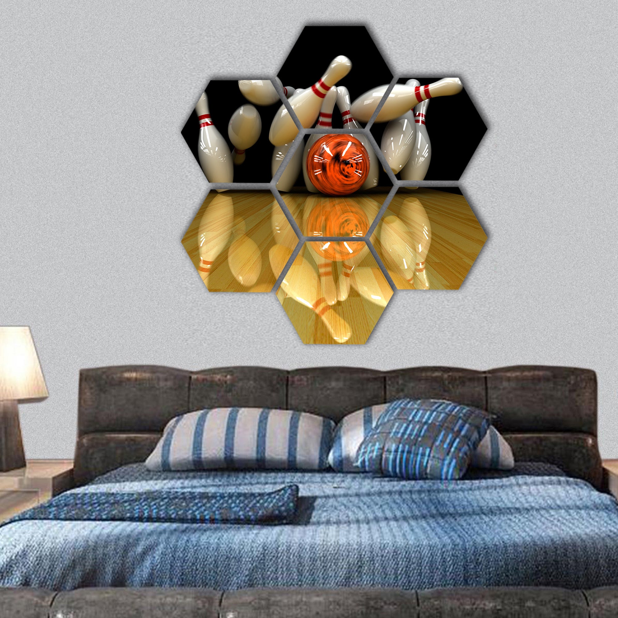 Orange ball bowling with swirling strike hexagonal canvas wall art
