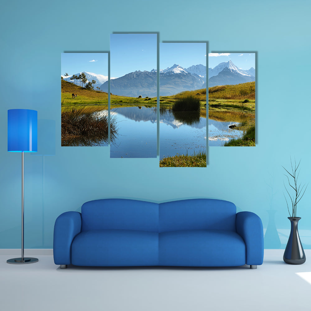 Views of Black mountain range "Cordillera negra" from Wilcacocha lagoon, Peru Multi Panel Canvas Wall Art