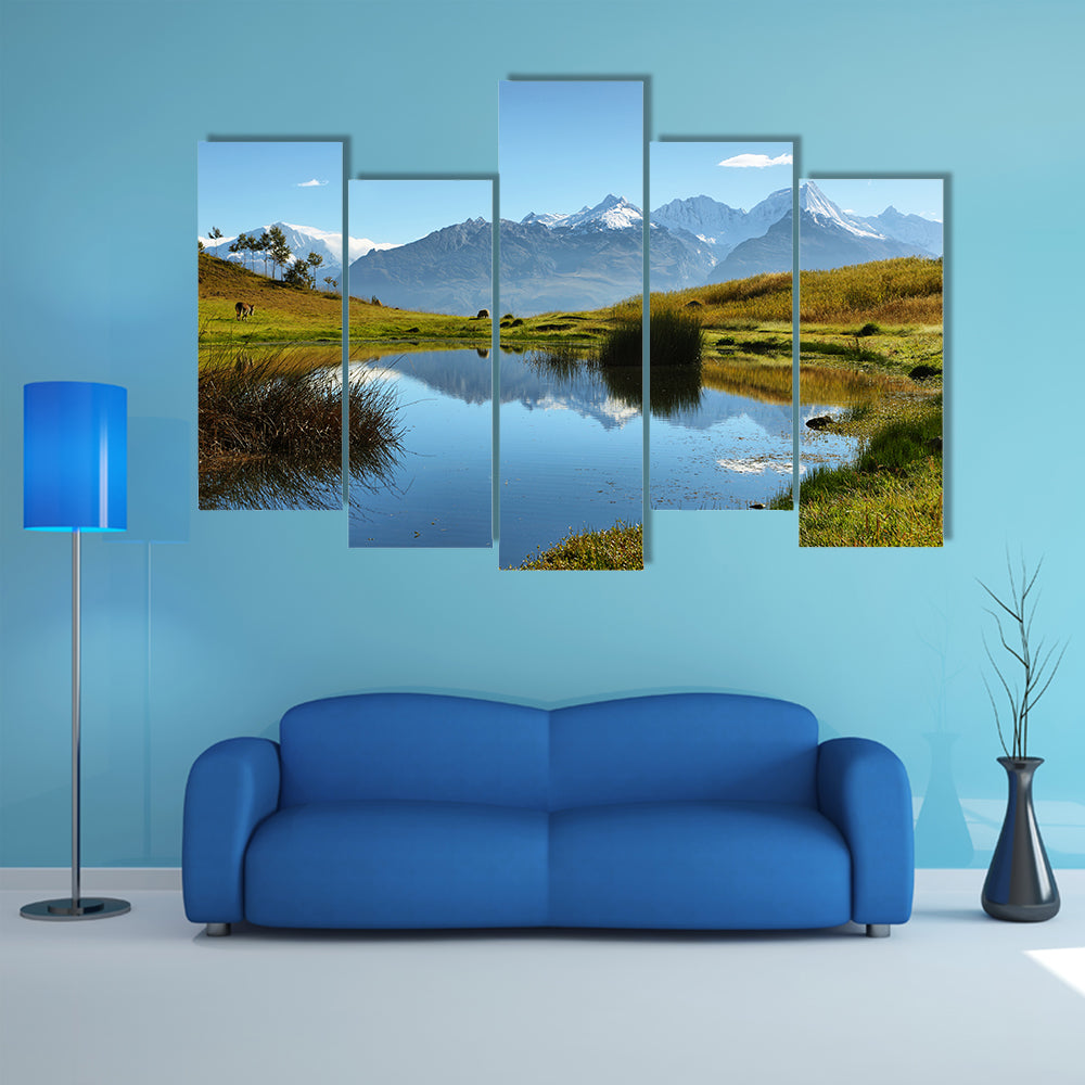 Views of Black mountain range "Cordillera negra" from Wilcacocha lagoon, Peru Multi Panel Canvas Wall Art