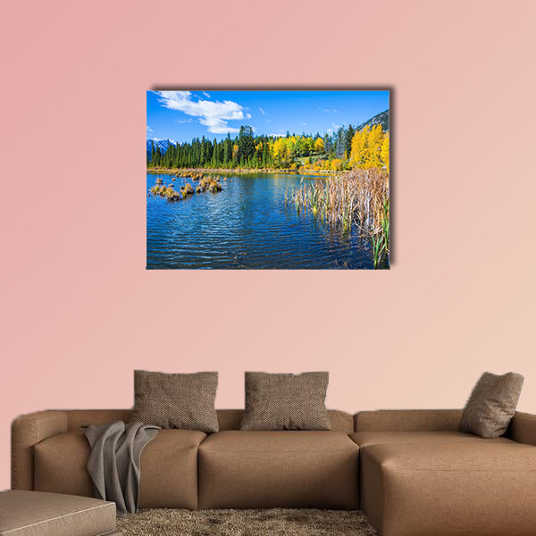 Indian warm summer on the lake Vermillon. Concept of ecotourism. Canadian province of Alberta, the Rocky Mountains, Banff Multi panel canvas wall art