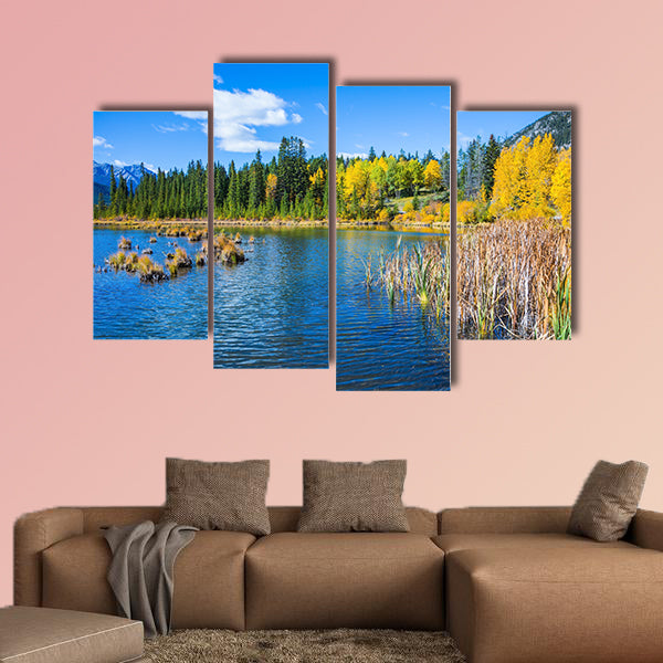 Indian warm summer on the lake Vermillon. Concept of ecotourism. Canadian province of Alberta, the Rocky Mountains, Banff Multi panel canvas wall art