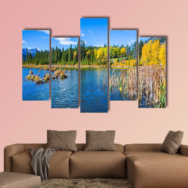 Indian warm summer on the lake Vermillon. Concept of ecotourism. Canadian province of Alberta, the Rocky Mountains, Banff Multi panel canvas wall art