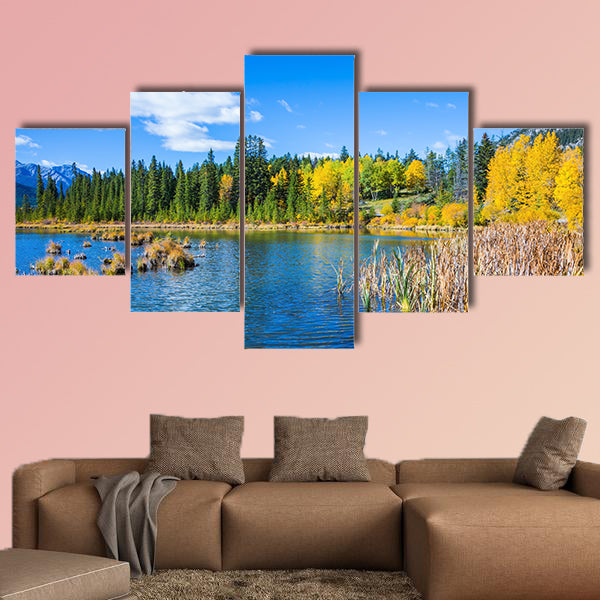 Indian warm summer on the lake Vermillon. Concept of ecotourism. Canadian province of Alberta, the Rocky Mountains, Banff Multi panel canvas wall art