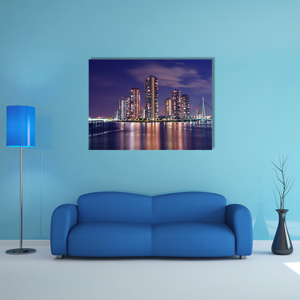 Tokyo skyline by night in modern Tsukishima district multi panel canvas wall art