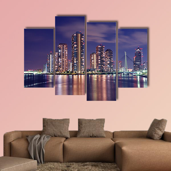 Tokyo skyline by night in modern Tsukishima district multi panel canvas wall art