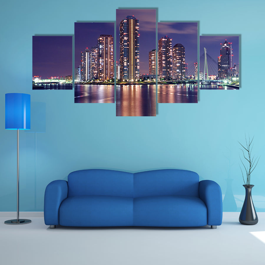Tokyo skyline by night in modern Tsukishima district multi panel canvas wall art