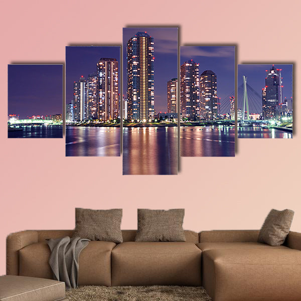Tokyo skyline by night in modern Tsukishima district multi panel canvas wall art