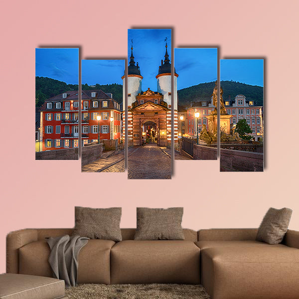 Abstract sunrise background with panorama of Heidelberg multi panel canvas wall art
