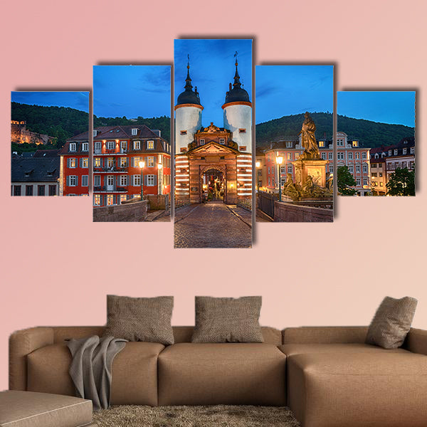 Abstract sunrise background with panorama of Heidelberg multi panel canvas wall art
