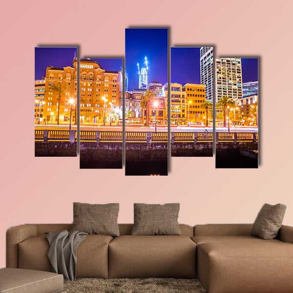 San Francisco downtown city skyline at night multi panel canvas wall art