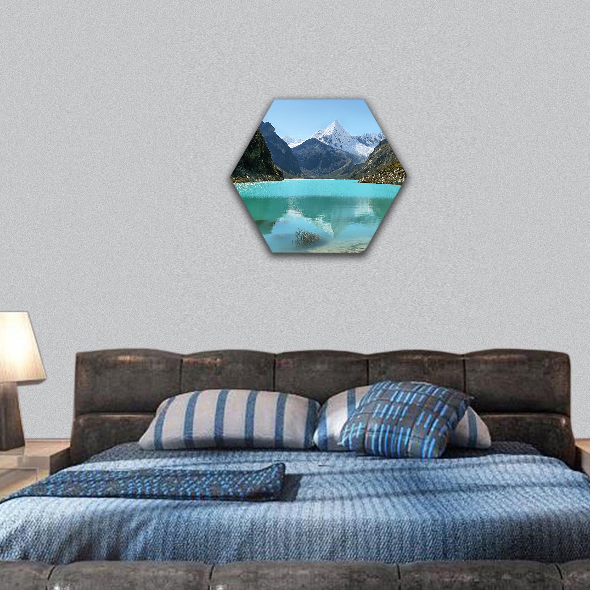 Paron lake and Pyramid peak, Peru hexagonal canvas wall art