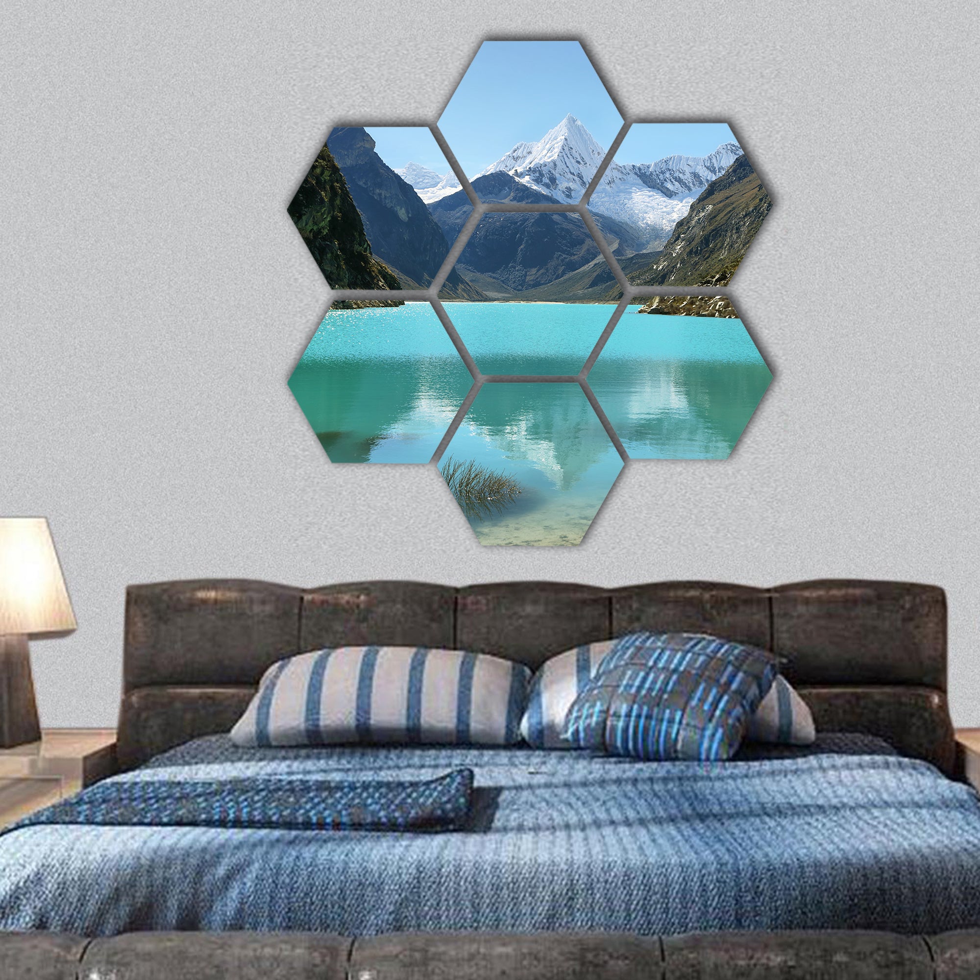Paron lake and Pyramid peak, Peru hexagonal canvas wall art
