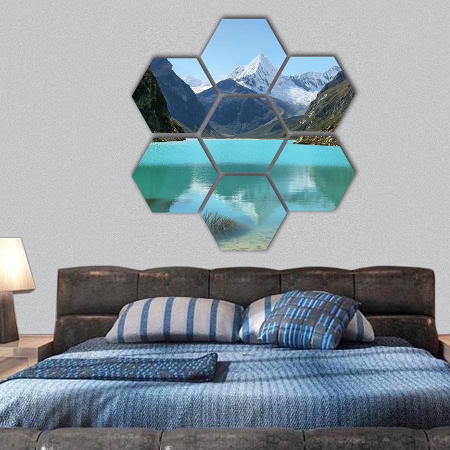 Paron lake and Pyramid peak, Peru hexagonal canvas wall art