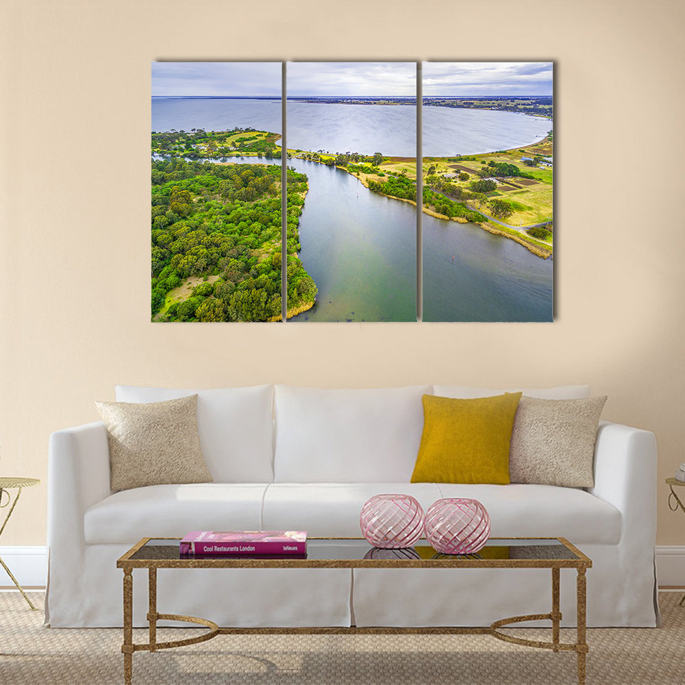 Aerial view of Jones Bay at Gippsland Lakes Reserve multi panel canvas wall art
