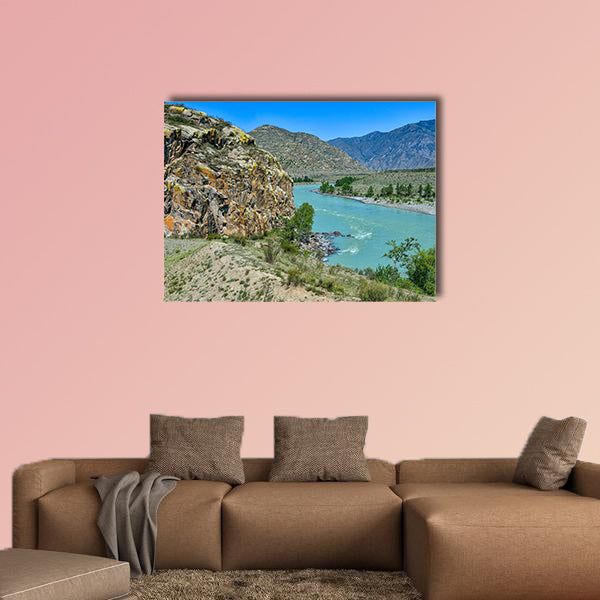 Bend of the turquoise Katun River in a mountain valley beautiful canvas wall art