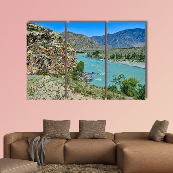 Bend of the turquoise Katun River in a mountain valley beautiful canvas wall art