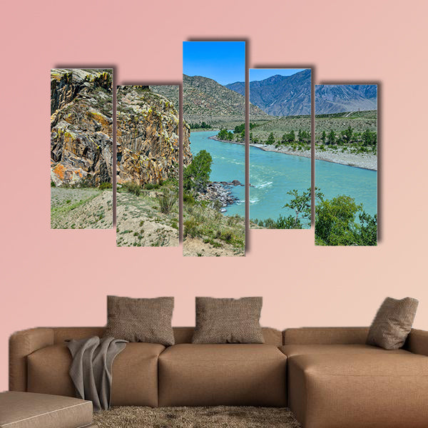 Bend of the turquoise Katun River in a mountain valley beautiful canvas wall art