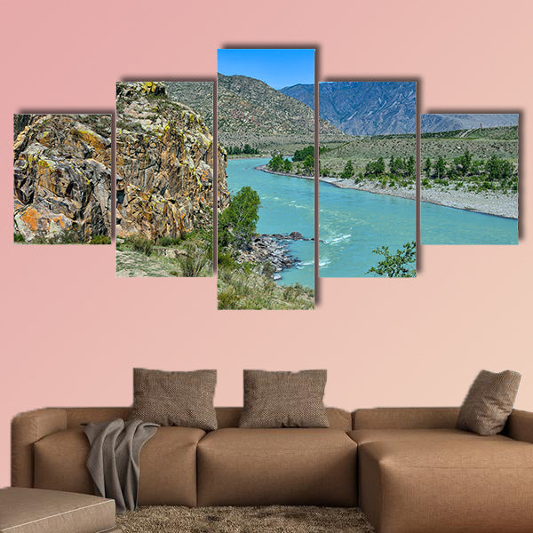Bend of the turquoise Katun River in a mountain valley beautiful canvas wall art