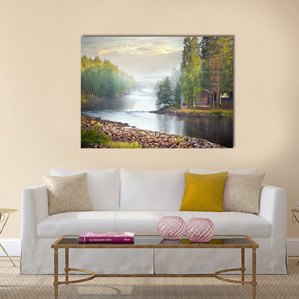 Fog over a river in the early morning multi panel canvas wall art
