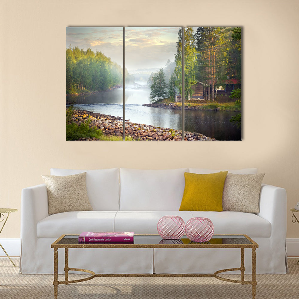 Fog over a river in the early morning multi panel canvas wall art
