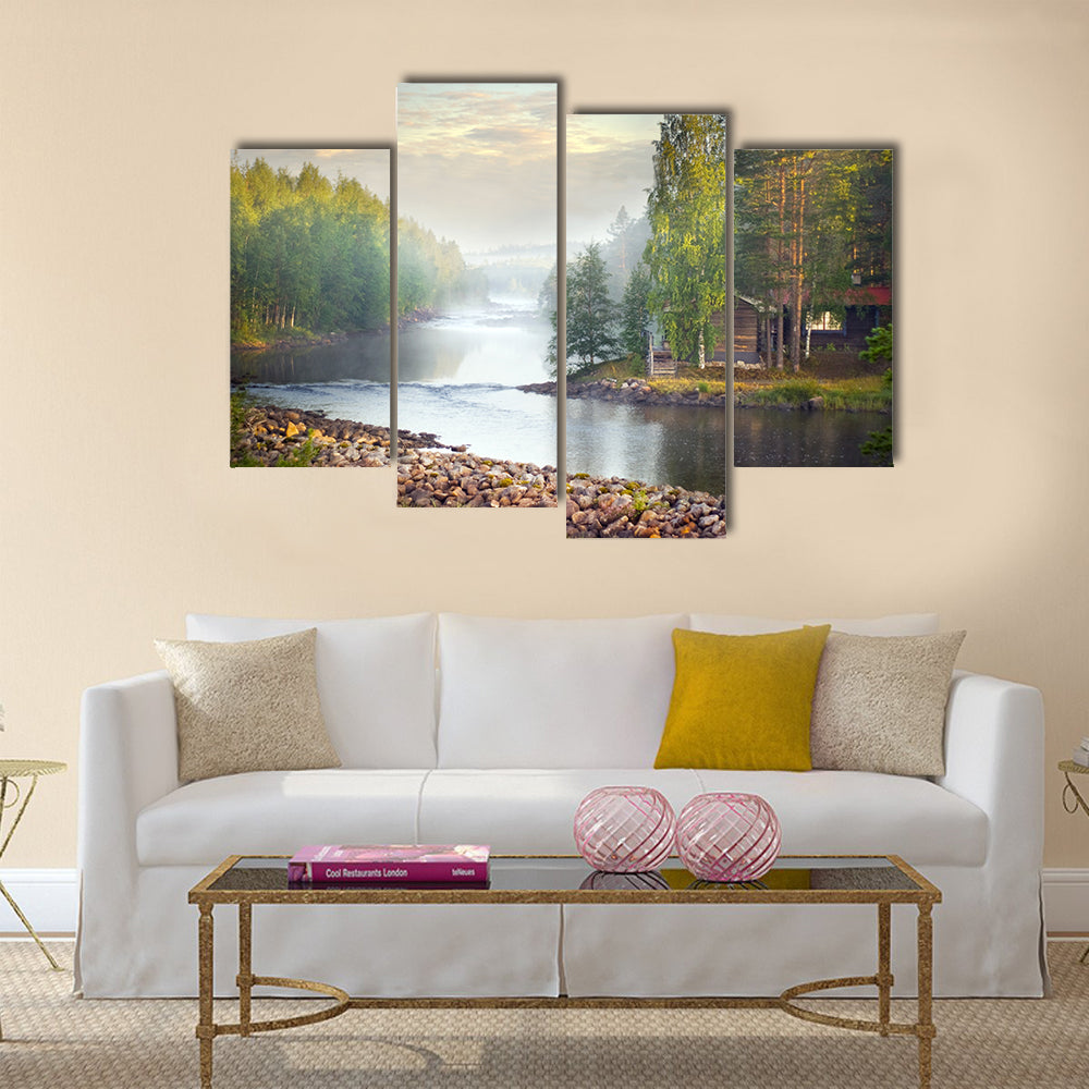 Fog over a river in the early morning multi panel canvas wall art