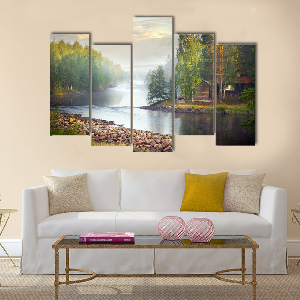 Fog over a river in the early morning multi panel canvas wall art
