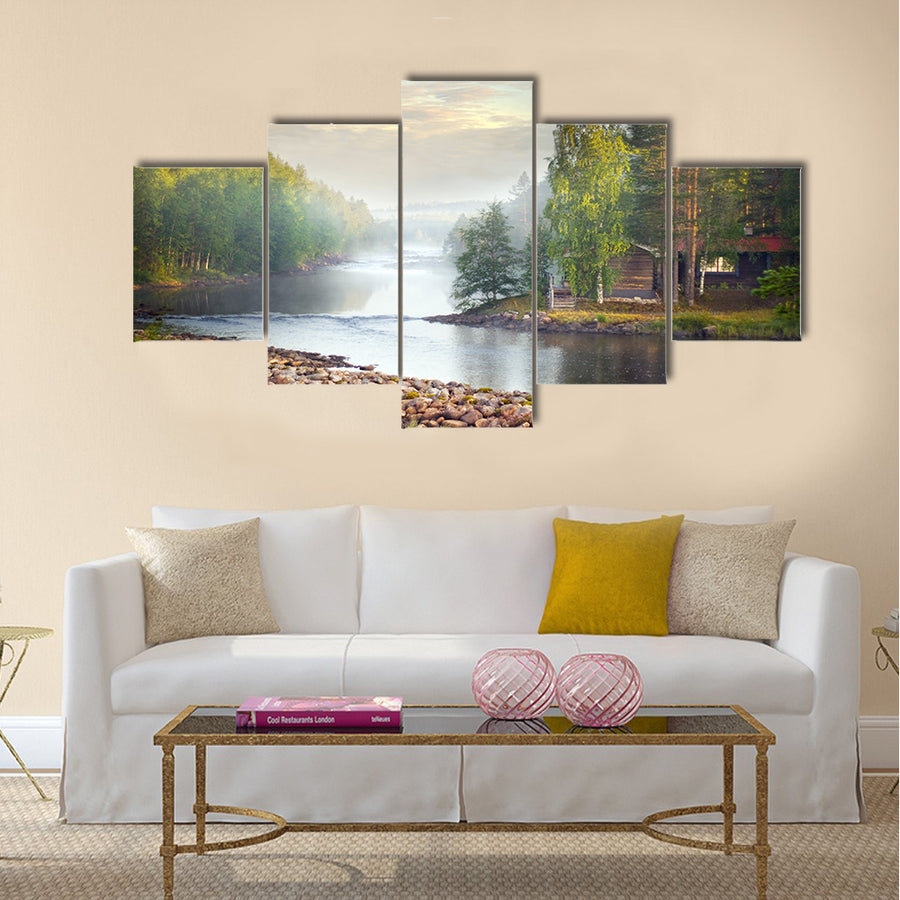 Fog over a river in the early morning multi panel canvas wall art