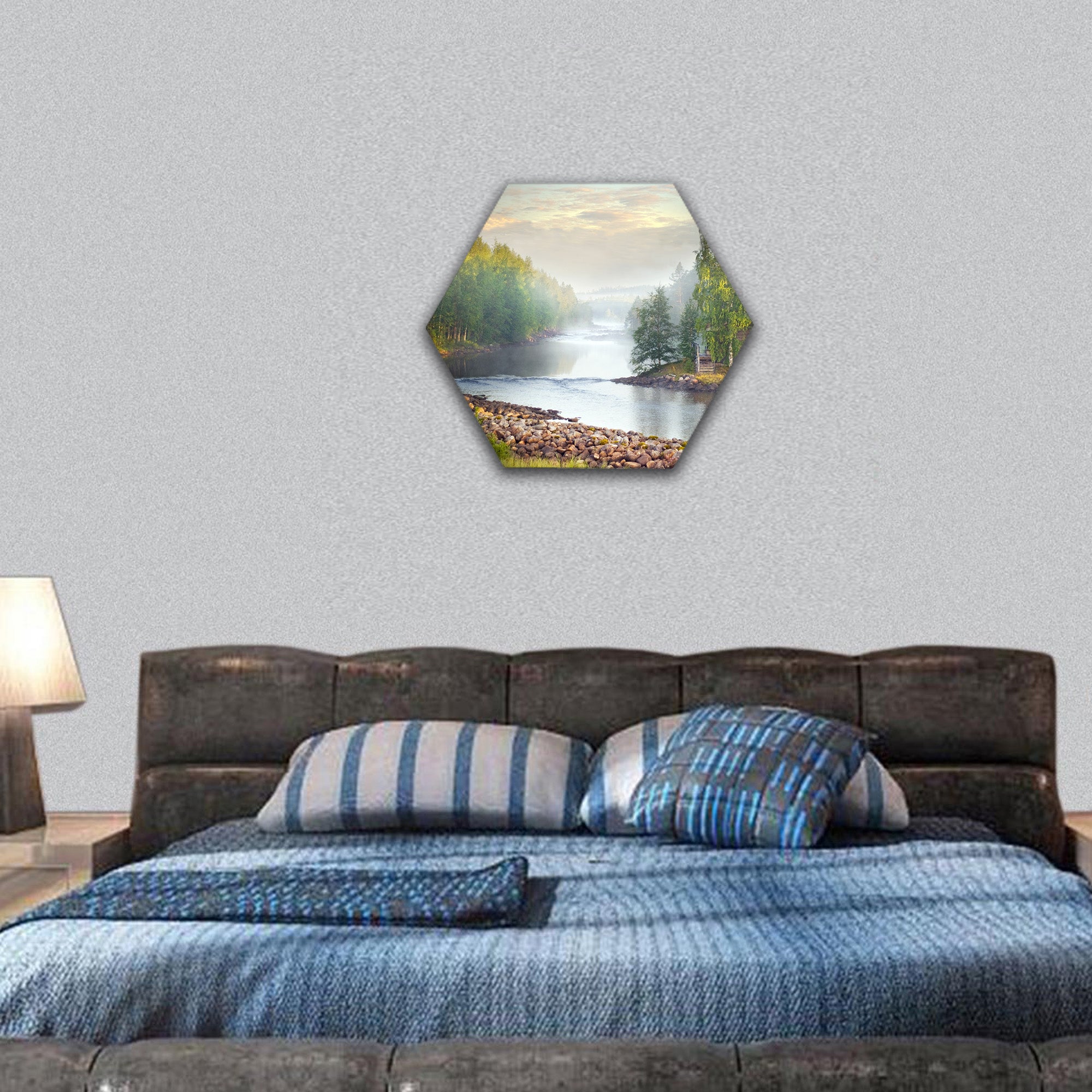 Fog over a river in the early morning hexagonal canvas wall art