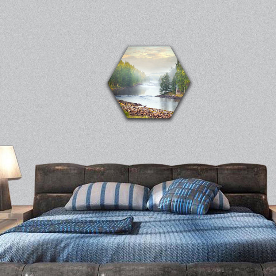 Fog over a river in the early morning hexagonal canvas wall art