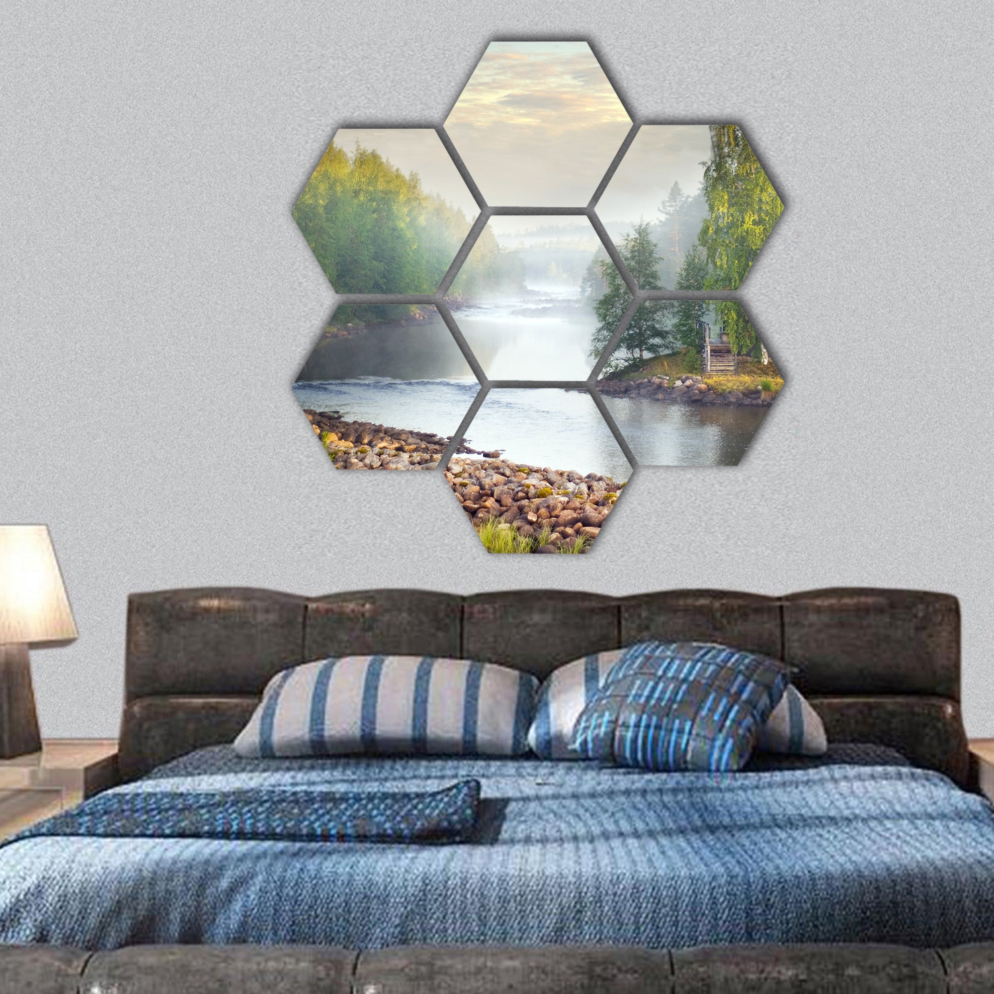 Fog over a river in the early morning hexagonal canvas wall art