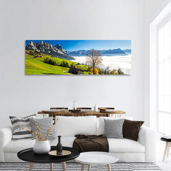 Lake Lucerne, Rigi mountain and Brunnen city from Sattel, Panoramic canvas Wall Art