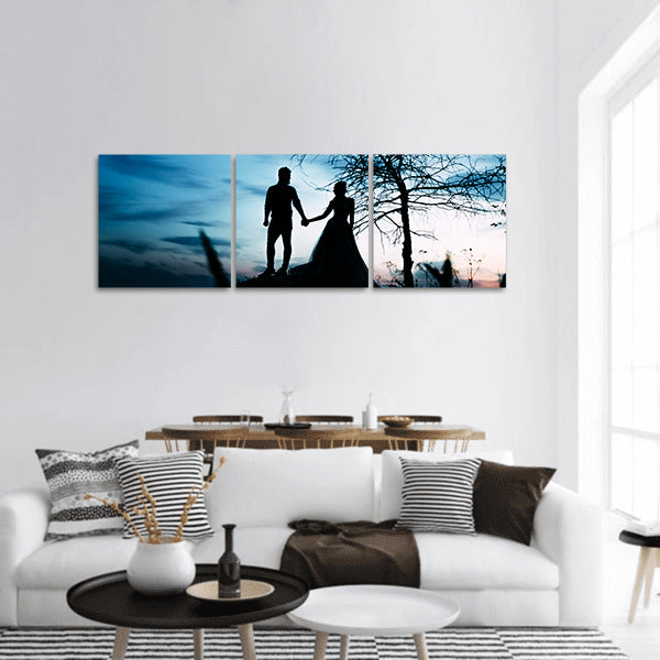 A couple of silhouettes holding hands Panoramic canvas Wall Art
