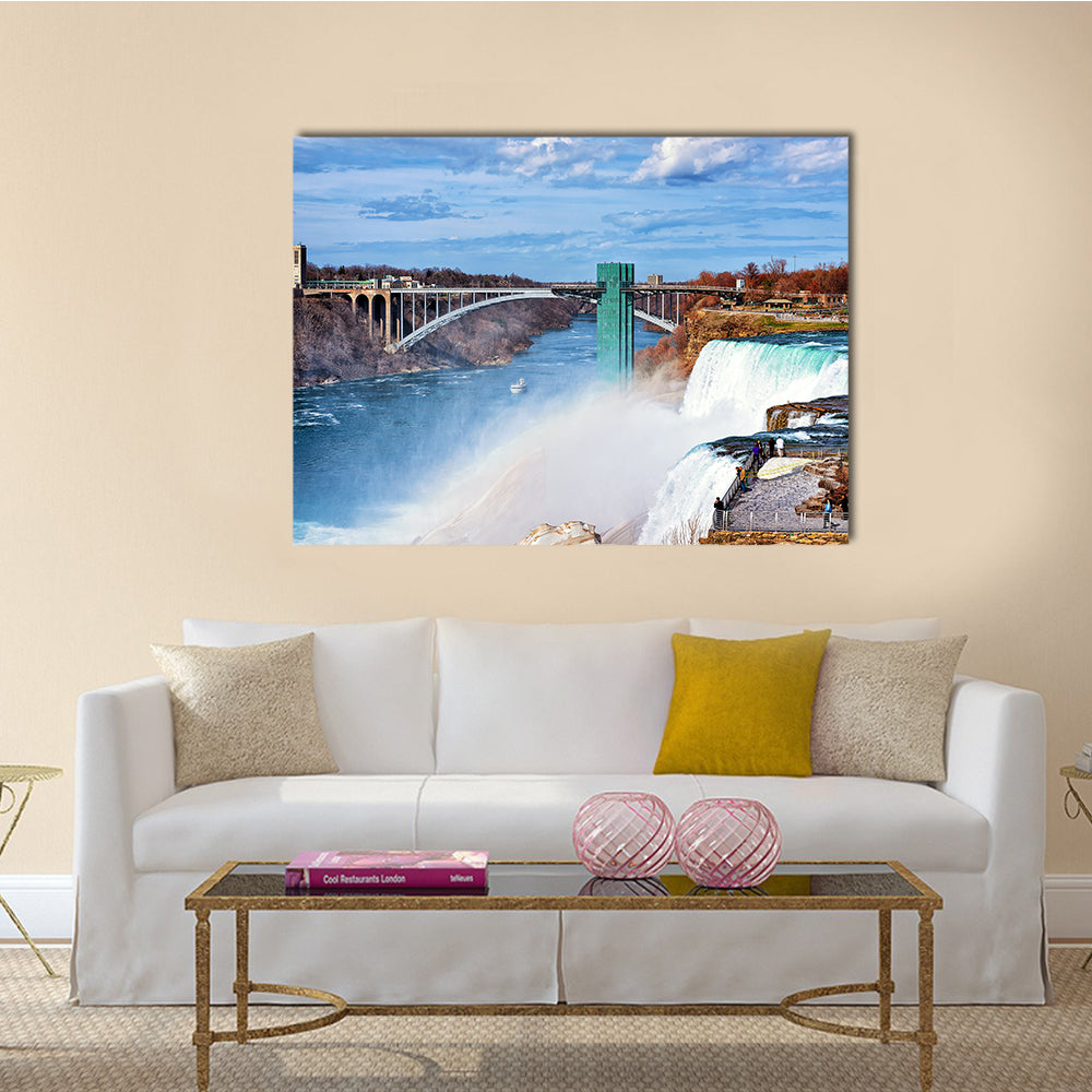 Niagara Falls, USA - People at Niagara Falls and Rainbow Bridge Multi Panel Canvas Wall Art