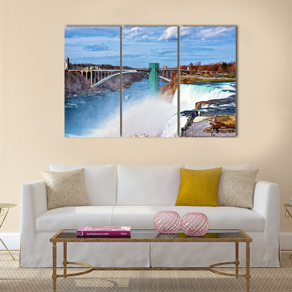Niagara Falls, USA - People at Niagara Falls and Rainbow Bridge Multi Panel Canvas Wall Art