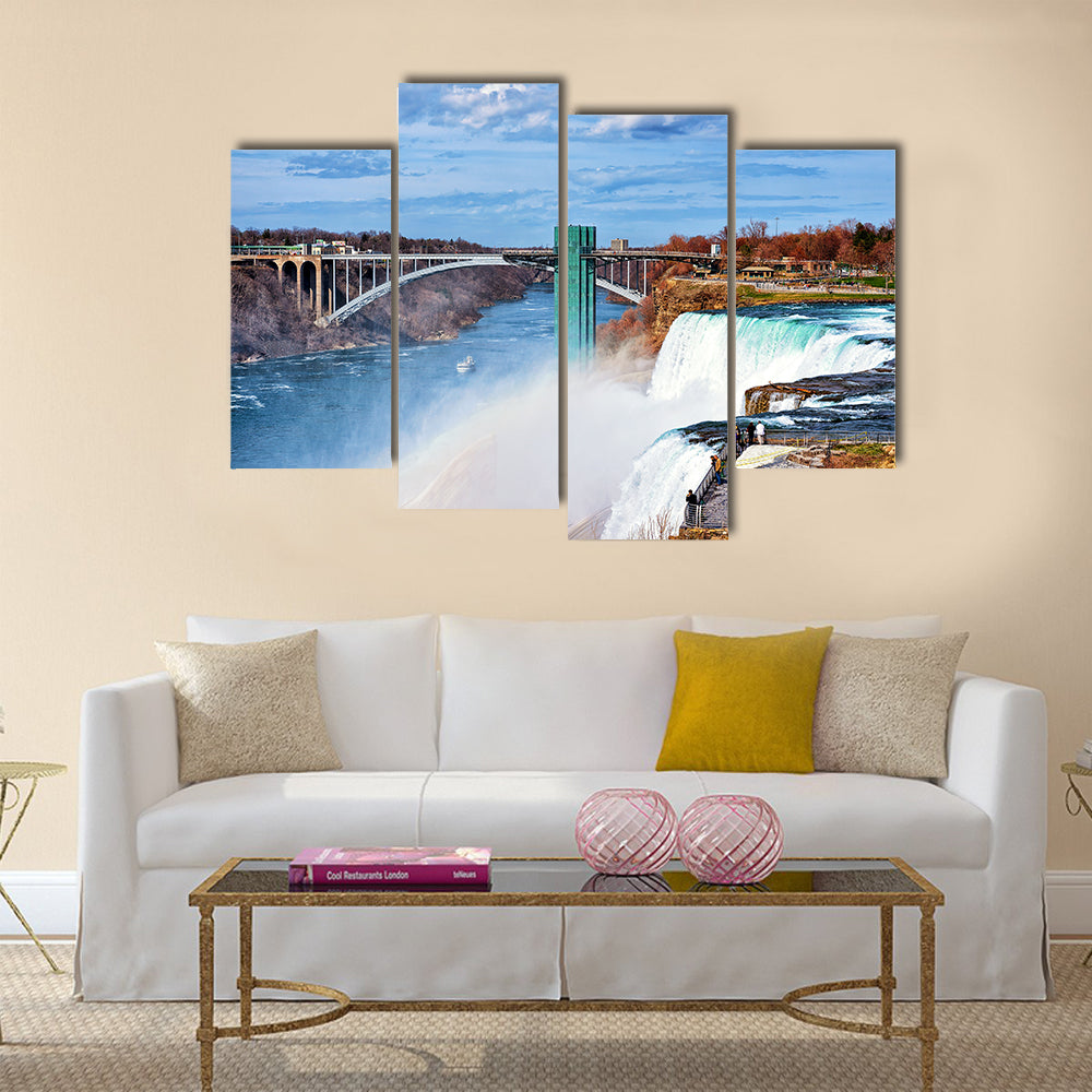 Niagara Falls, USA - People at Niagara Falls and Rainbow Bridge Multi Panel Canvas Wall Art