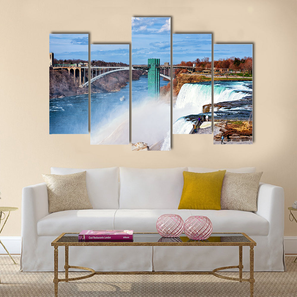 Niagara Falls, USA - People at Niagara Falls and Rainbow Bridge Multi Panel Canvas Wall Art