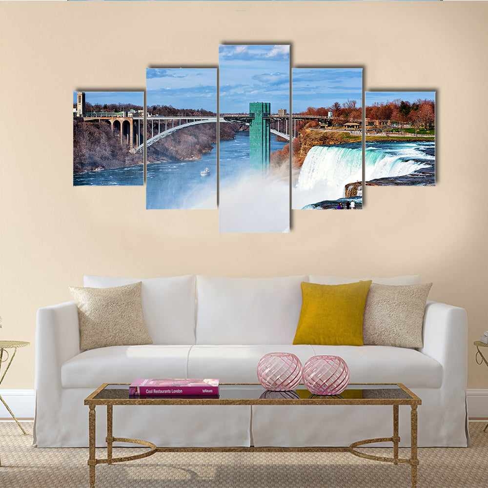 Niagara Falls, USA - People at Niagara Falls and Rainbow Bridge Multi Panel Canvas Wall Art