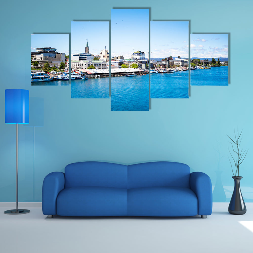River view of Valdivia and fish market, Chile multi panel canvas wall art