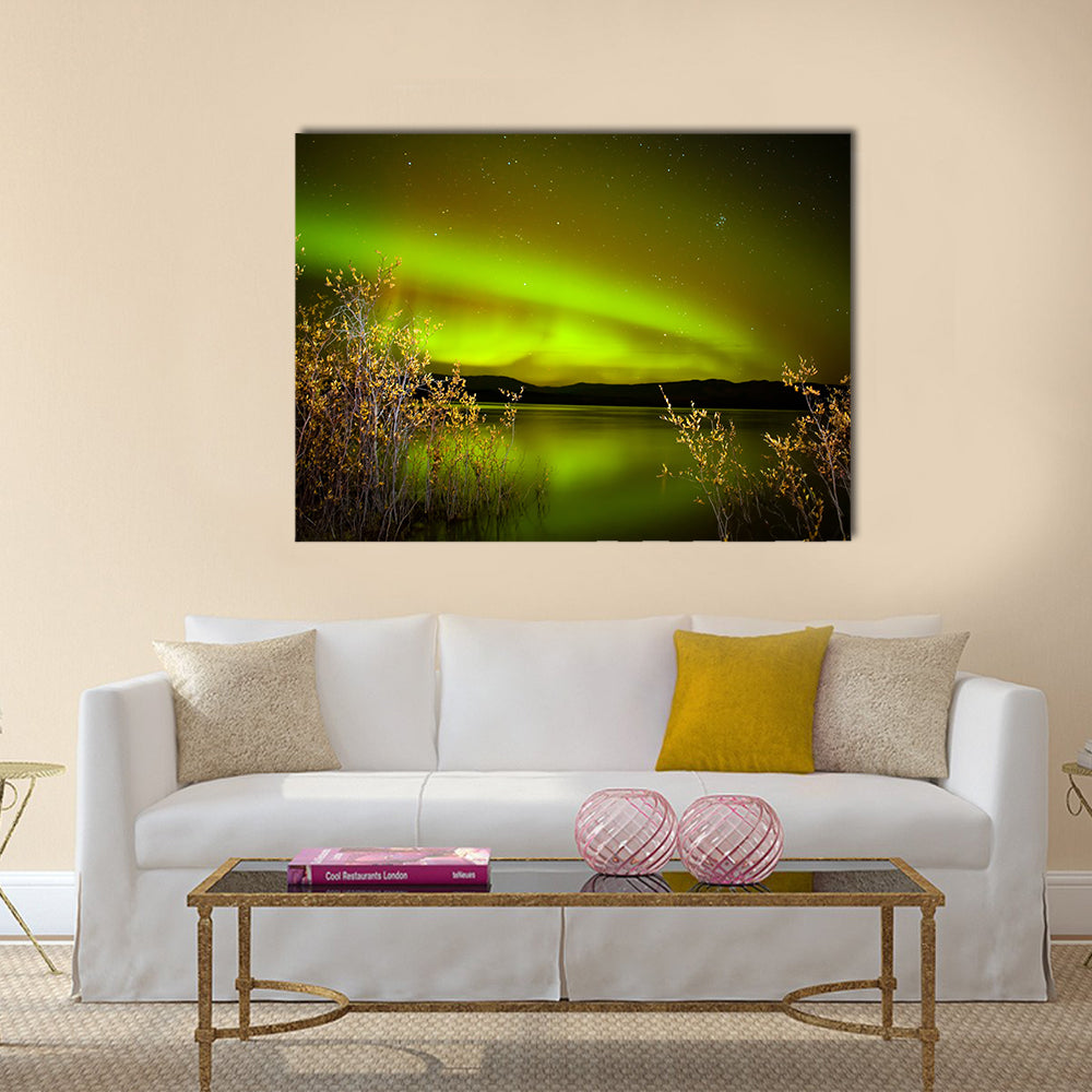 Intense northern lights (Aurora borealis) over Lake Laberge, Yukon Territory, Canada, with fall colored willows on lake shore Multi panel canvas wall art