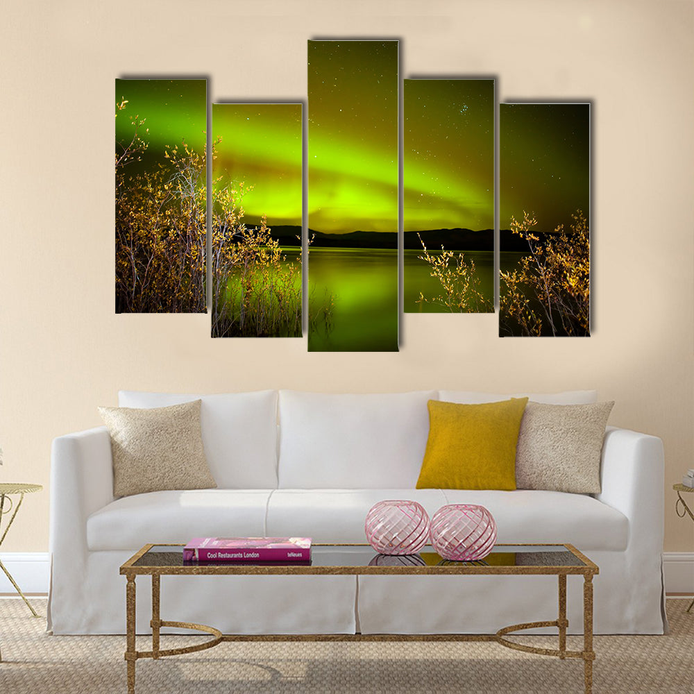 Intense northern lights (Aurora borealis) over Lake Laberge, Yukon Territory, Canada, with fall colored willows on lake shore Multi panel canvas wall art