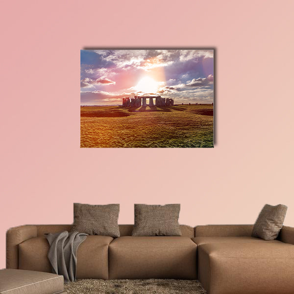 Stonehenge against the sun, Wiltshire, England Multi panel canvas wall art