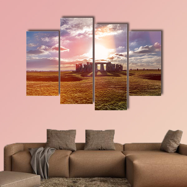 Stonehenge against the sun, Wiltshire, England Multi panel canvas wall art