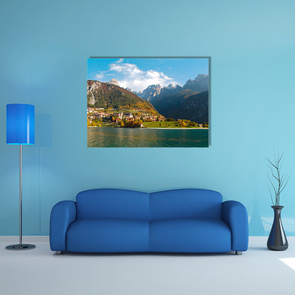The Panoramic View of Molveno lake in Dolomites, Italy multi panel canvas wall art