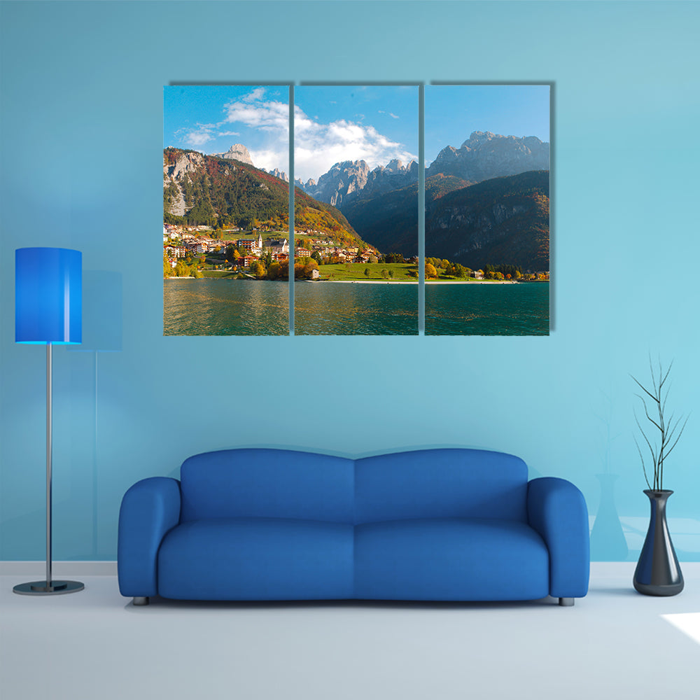 The Panoramic View of Molveno lake in Dolomites, Italy multi panel canvas wall art