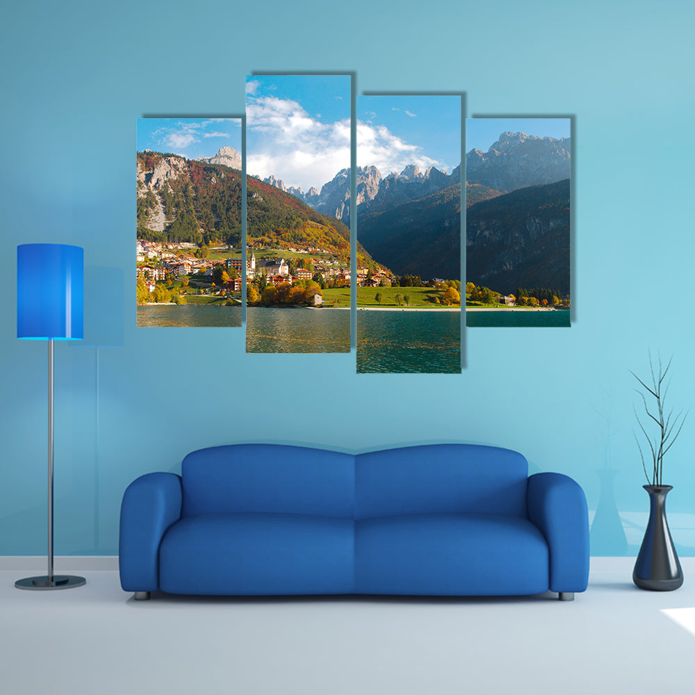 The Panoramic View of Molveno lake in Dolomites, Italy multi panel canvas wall art