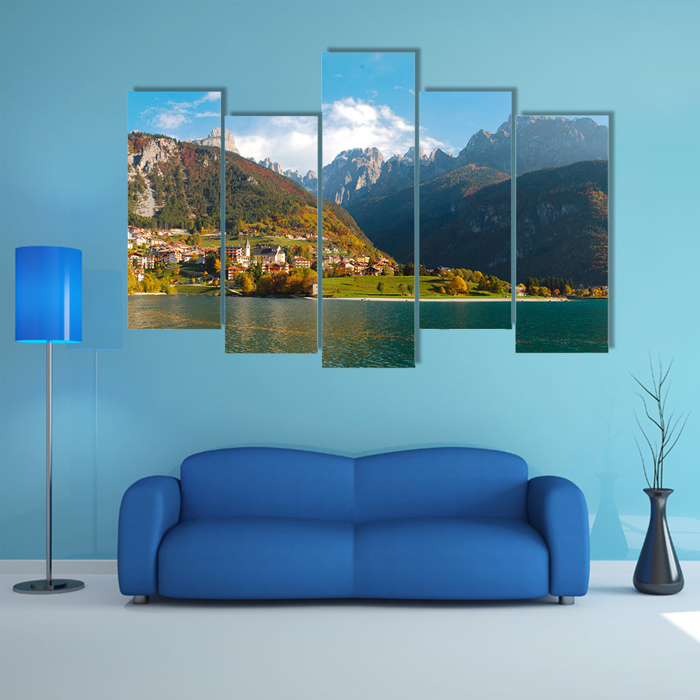 The Panoramic View of Molveno lake in Dolomites, Italy multi panel canvas wall art