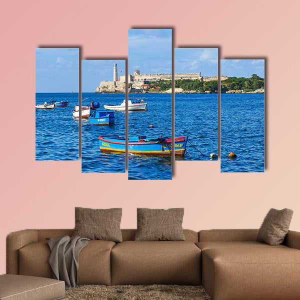 Colorful fishing boats are anchored in Havana Bay, Cuba multi panel canvas wall art
